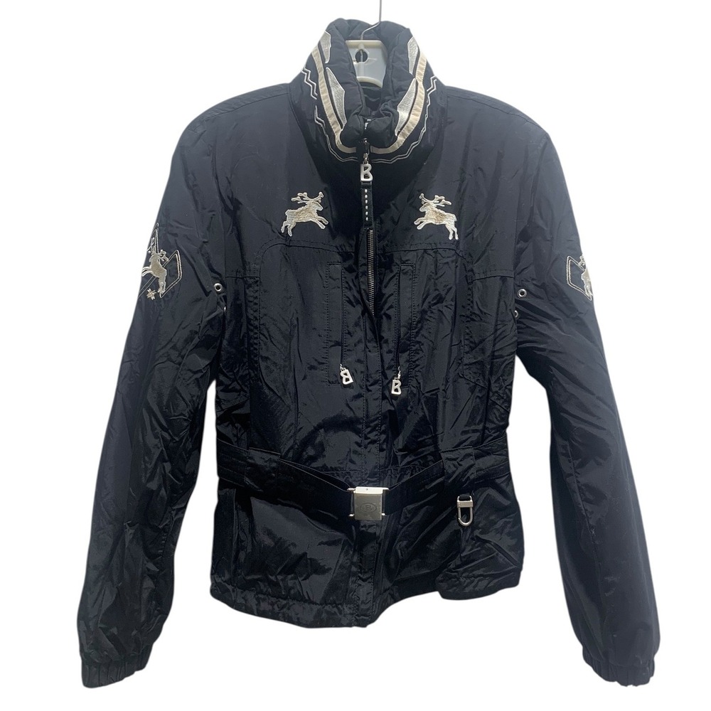 Bogner Ski Jacket Black Embroidered Deer Womens Belted Casual Outerwear sz 10